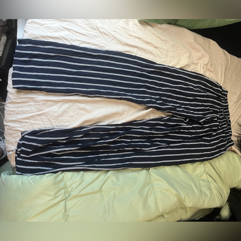 Dark navy and white vertical stripped flare pants from brandy Melville